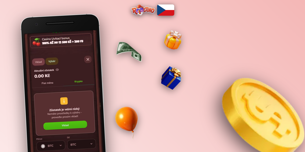 Rozhraní pokladny Roostino Kasina s polem pro výběr částky v CZK
